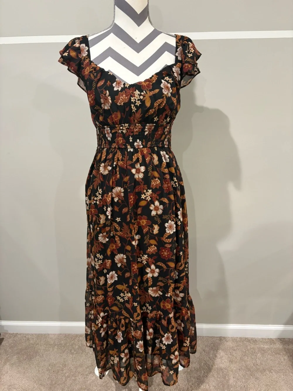 Blu Pepper Brown Floral Maxi Dress with Rust and Cream Accents